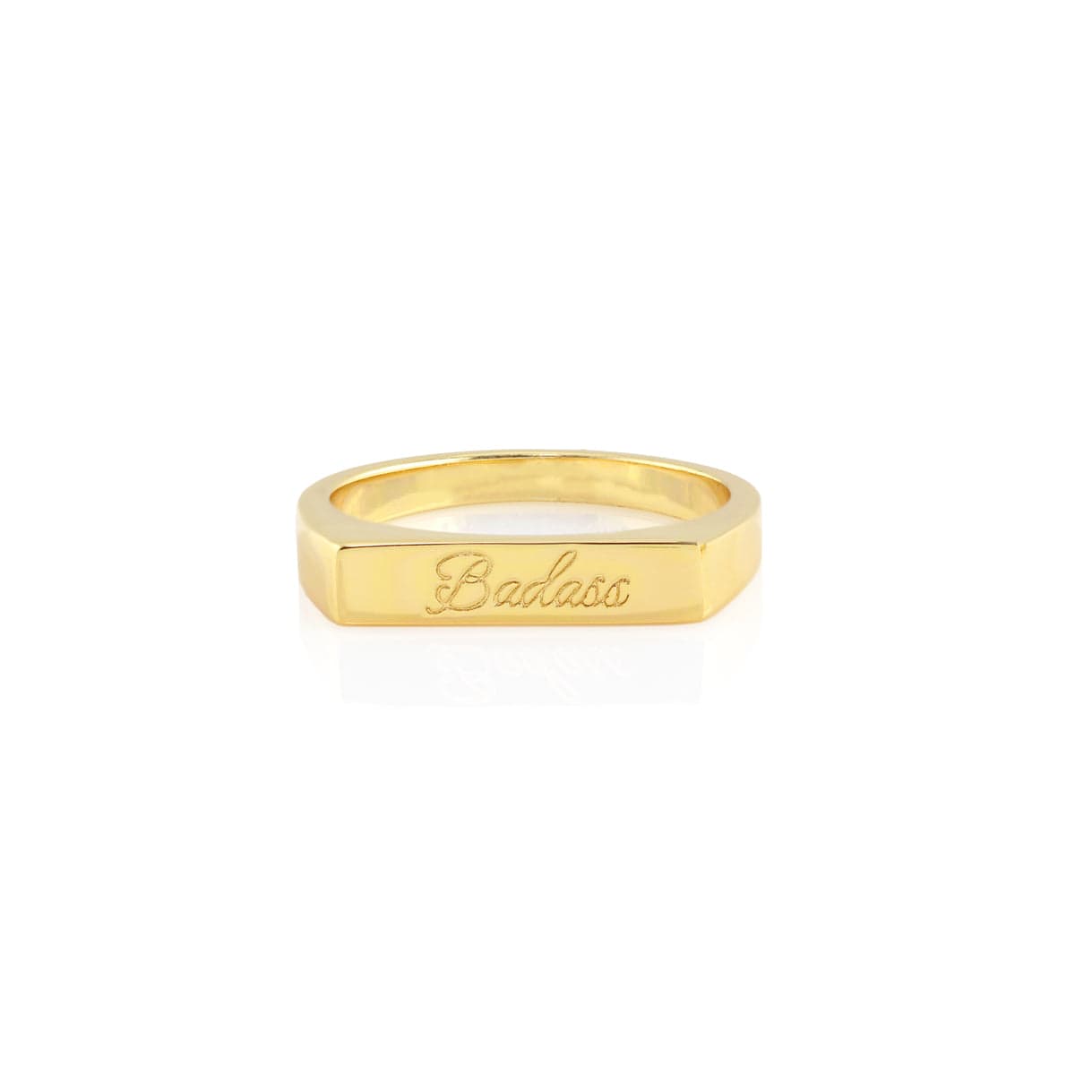 Badass Script Engraved Ring in 18K gold vermeil, a flat bar ring engraved badass in script