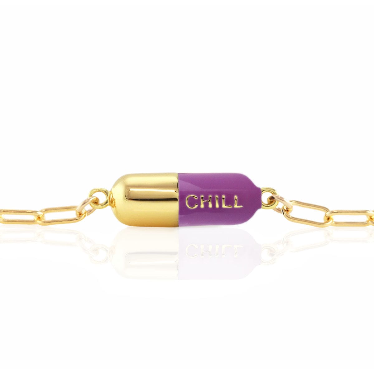 Aubergine Chill Pill Bracelet on a gold link chain