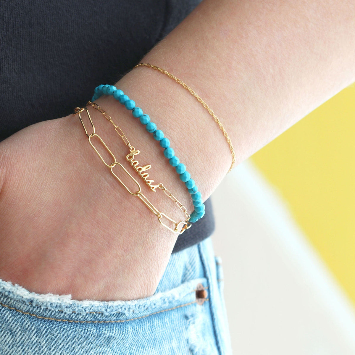 Large Link Chain Bracelet layered with the Badass Bracelet and a turquoise beaded bracelet