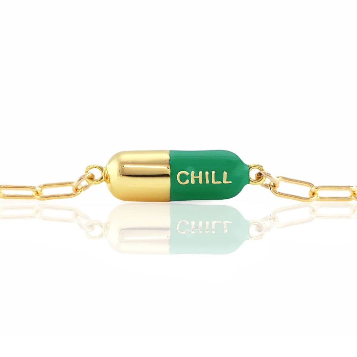 Emerald green Chill Pill Bracelet on a gold link chain