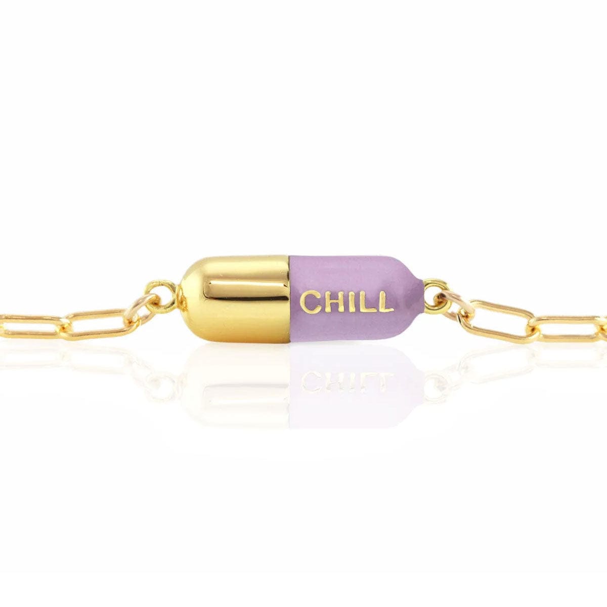 Periwinkle Chill Pill Bracelet on a gold link chain