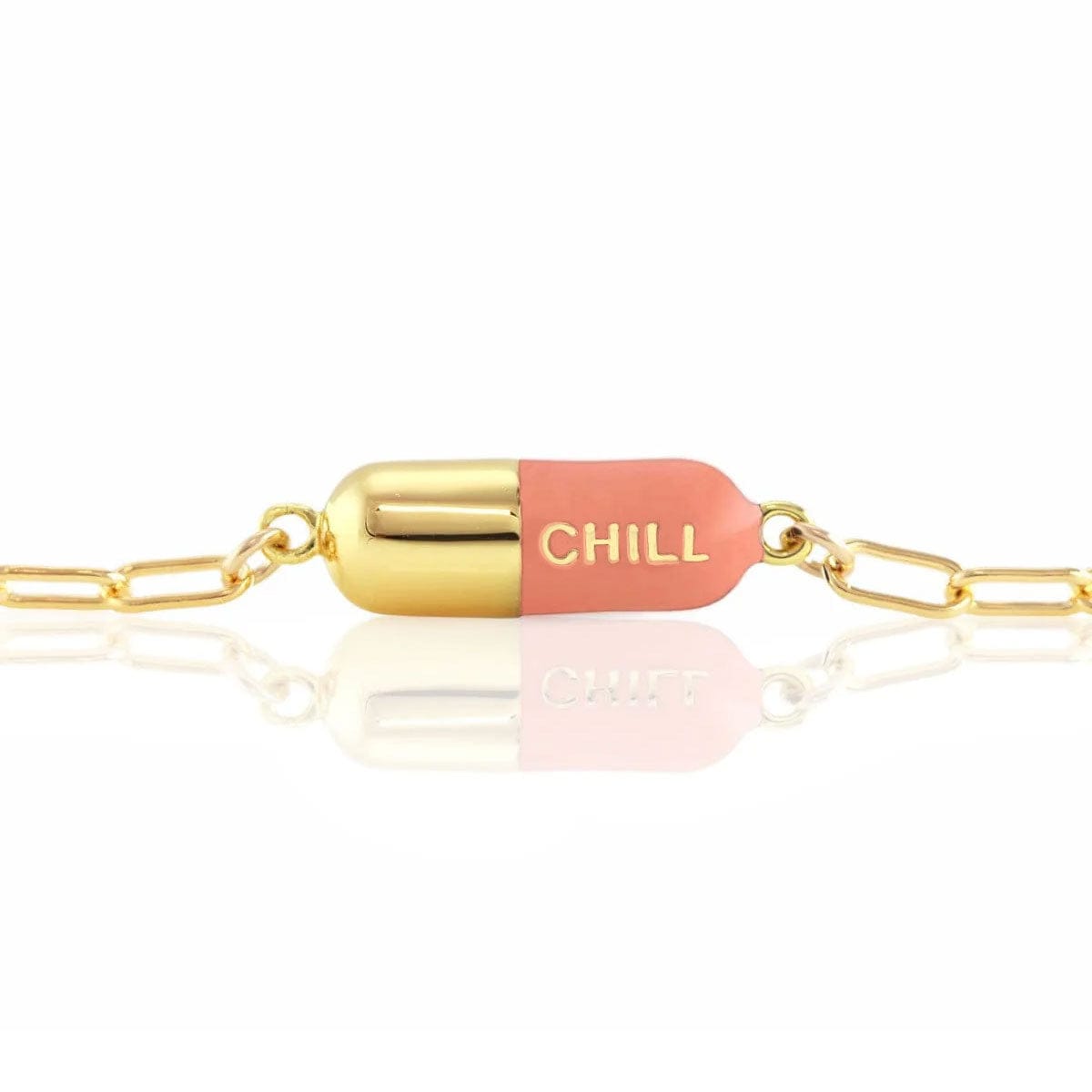 Pink Chill Pill Bracelet on a gold link chain