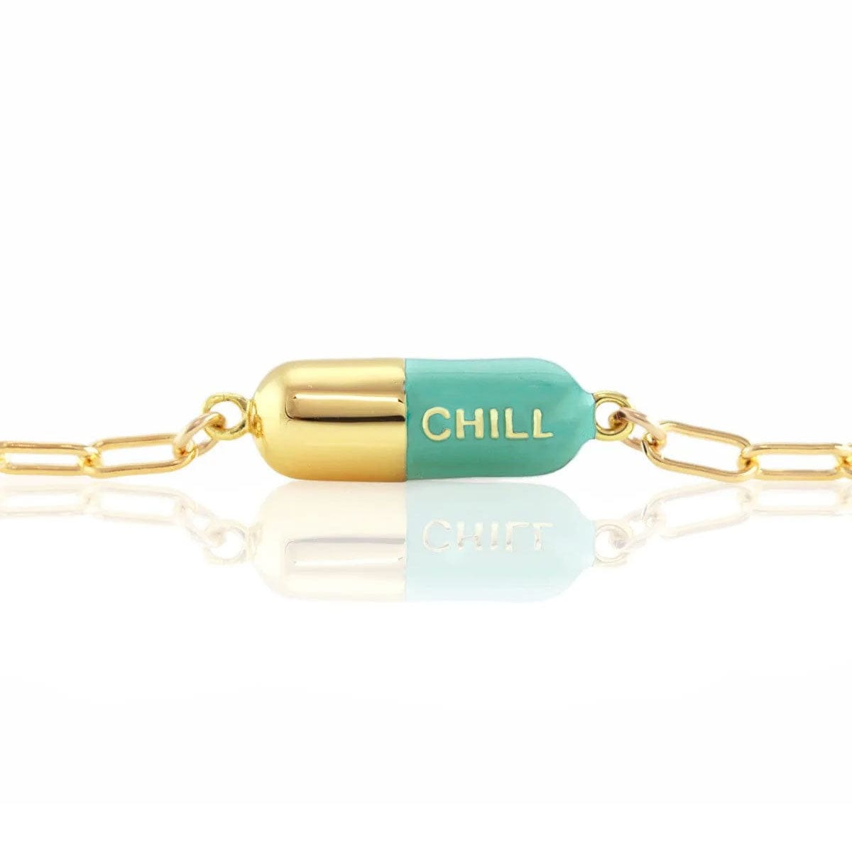 Turquoise Chill Pill Bracelet on a gold link chain