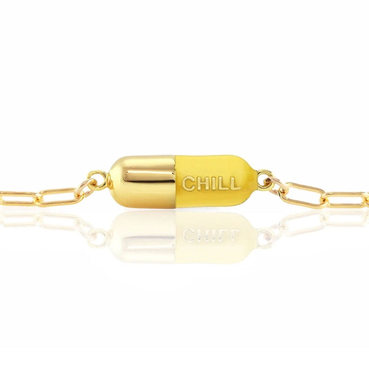 Sunshine yellow Chill Pill Bracelet on a gold link chain