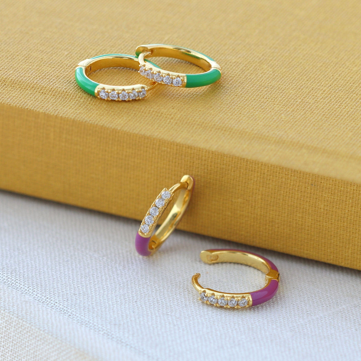 Gilded Enamel Crystal Huggie Hoop Earrings