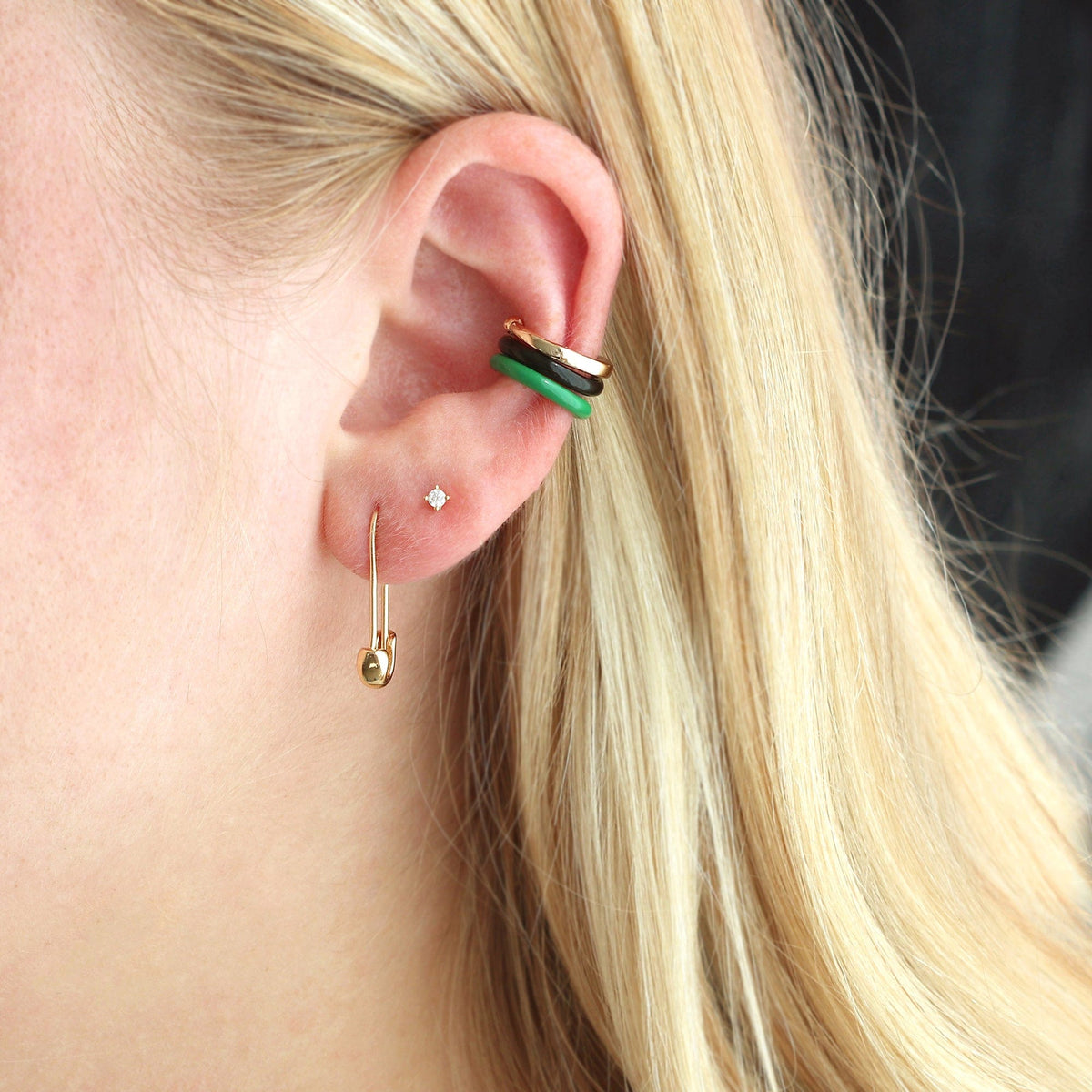 Stacked Palette Enamel Ear Cuffs worn with a gold stud and a small drop earring
