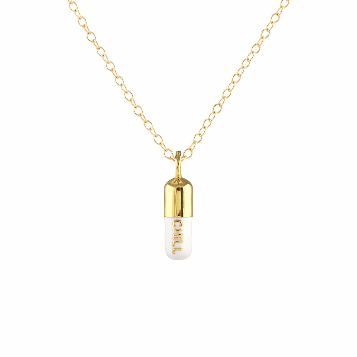 White Chill Pill pendant on a gold chain