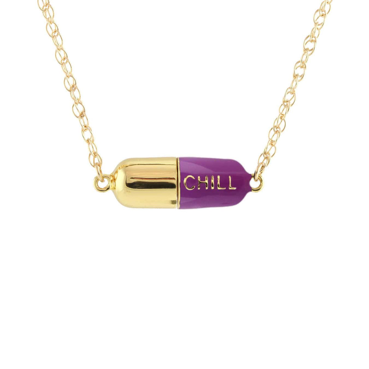 Aubergine Big Chill Pill pendant on a gold chain