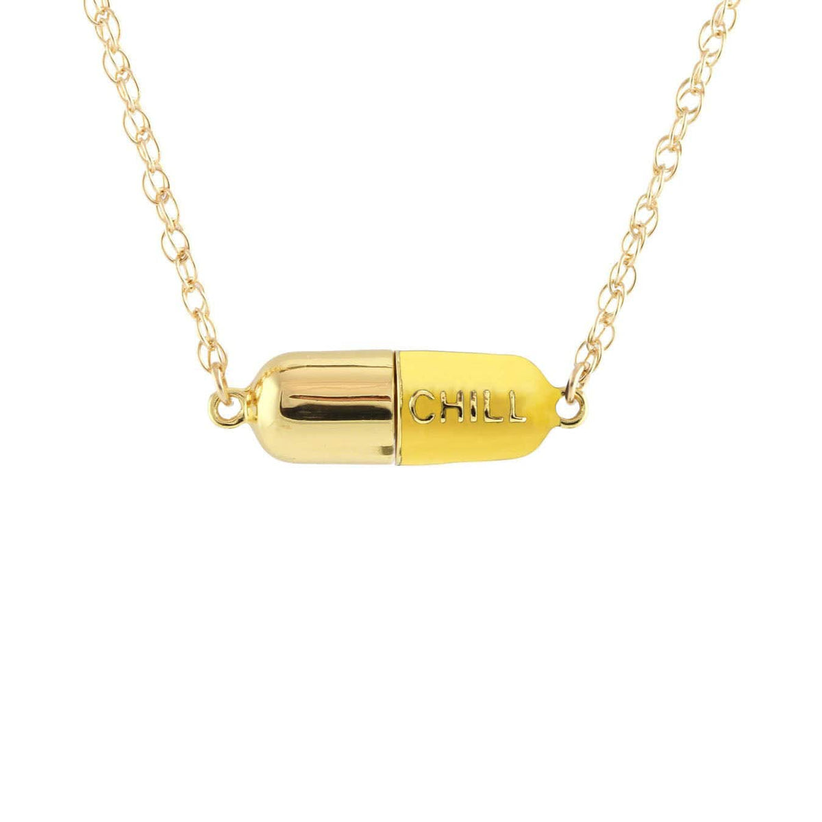 Sunshine yellow Big Chill Pill pendant on a gold chain
