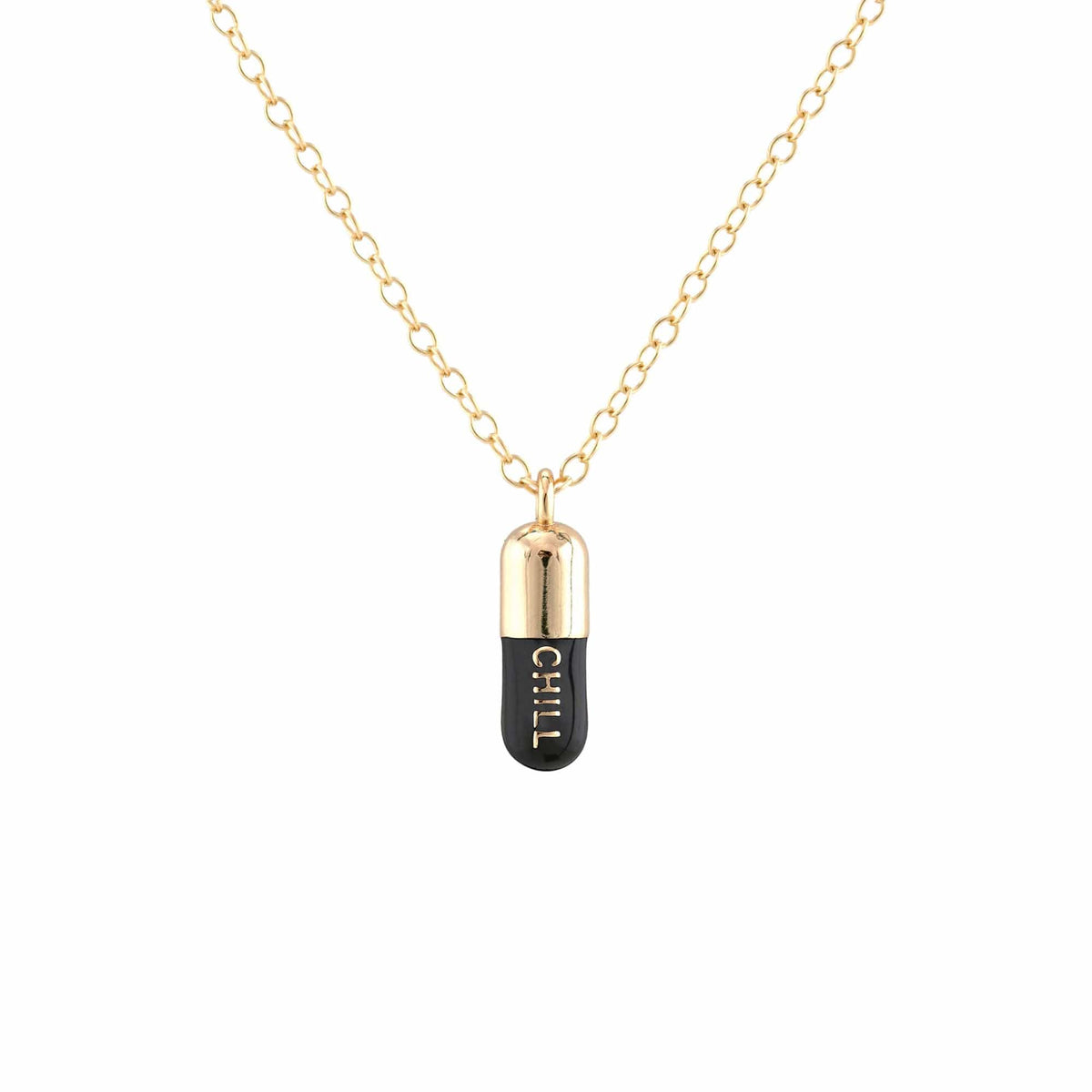 Black Chill Pill pendant on a gold chain