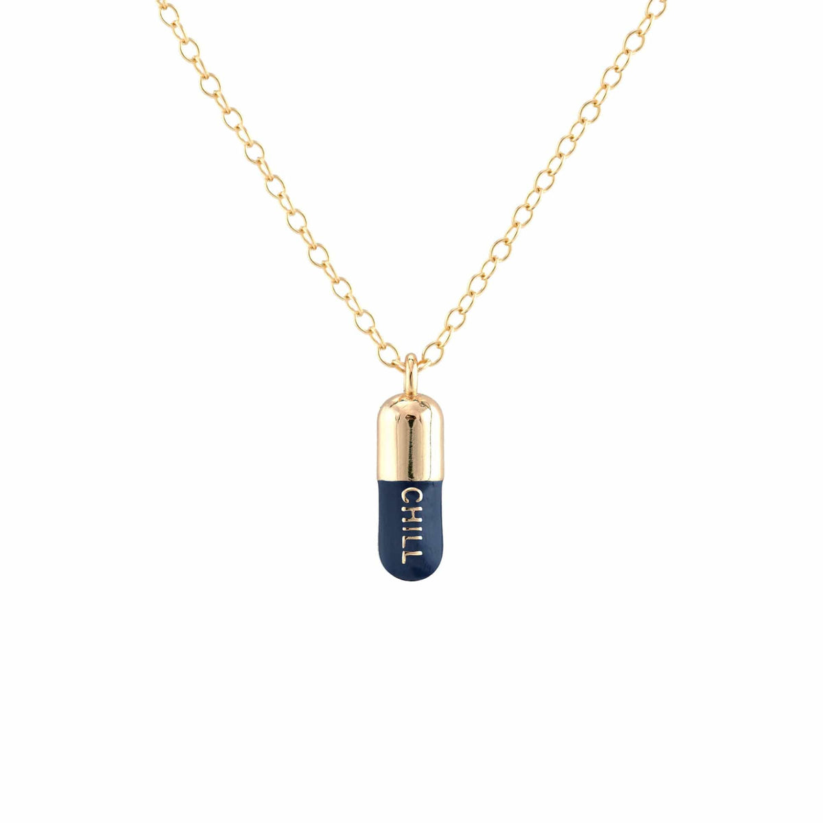 Navy Chill Pill pendant on a gold chain