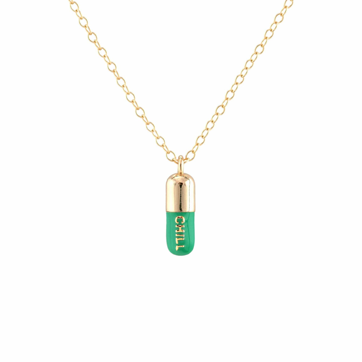 Emerald green Chill Pill pendant on a gold chain