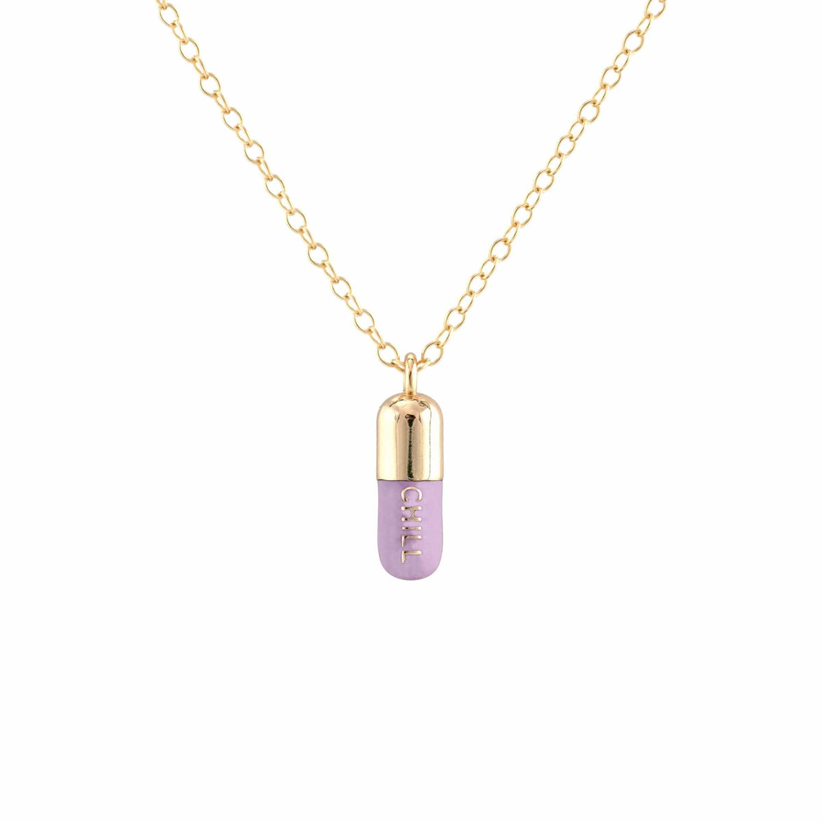 Periwinkle Chill Pill pendant on a gold chain