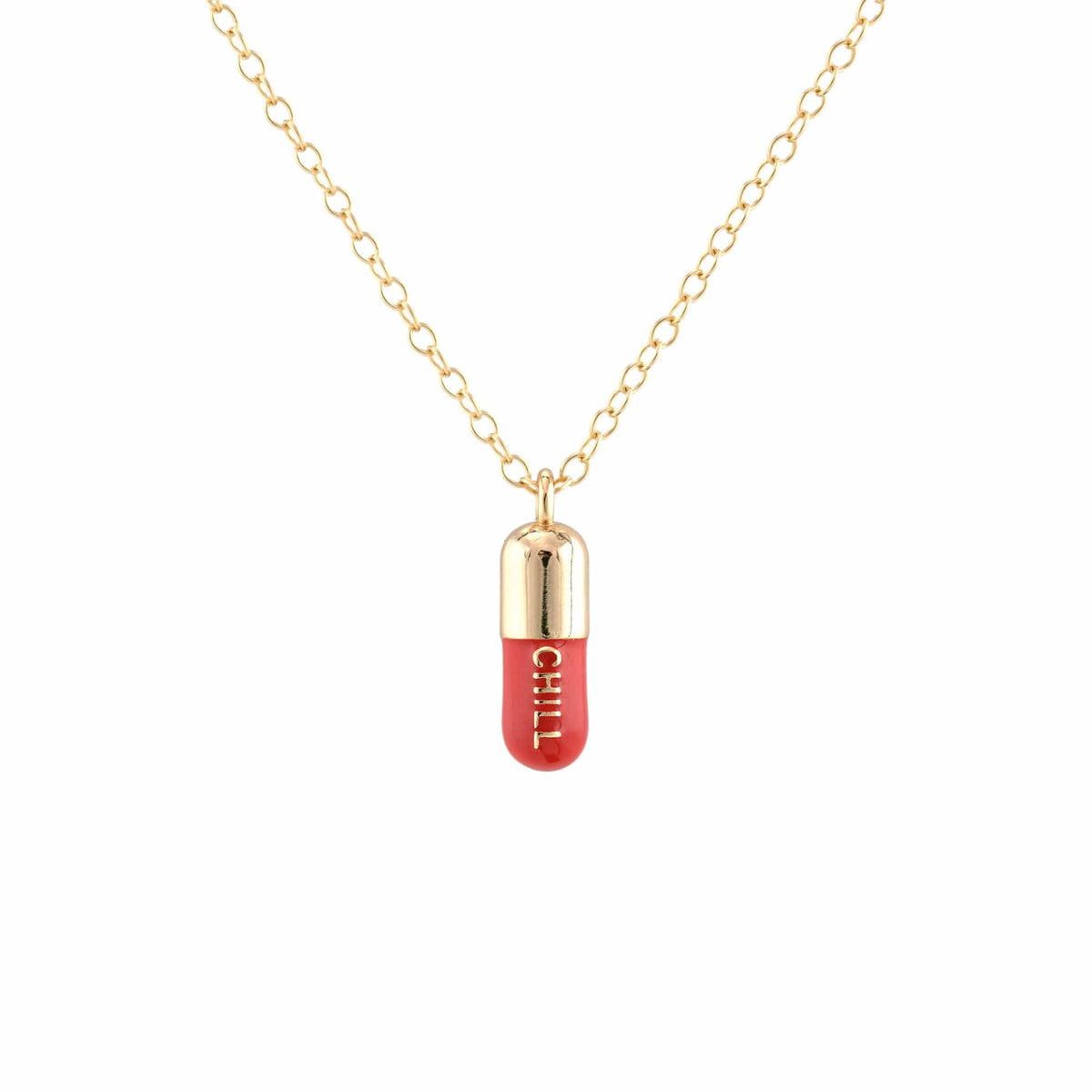 Coral red Chill Pill pendant on a gold chain
