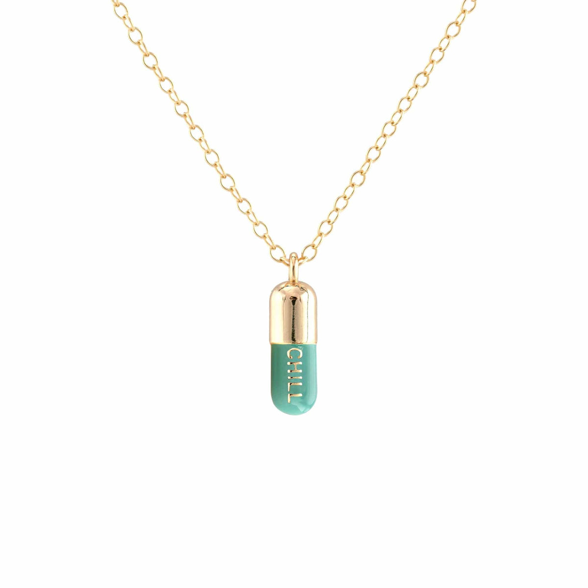 Turquoise Chill Pill pendant on a gold chain