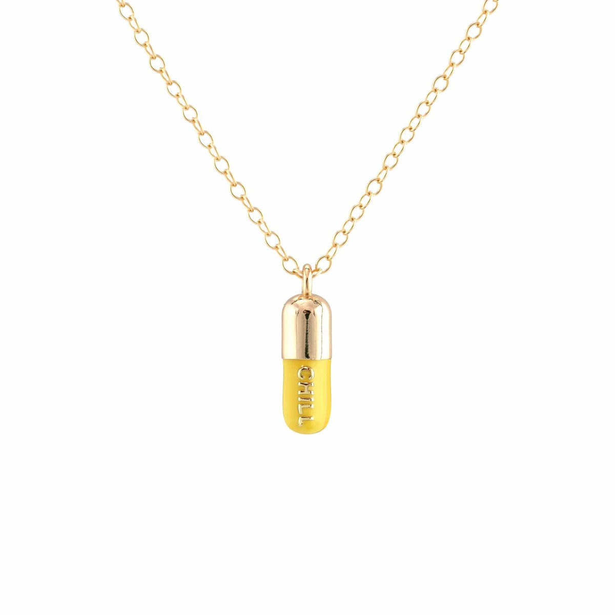 Sunshine yellow Chill Pill pendant on a gold chain
