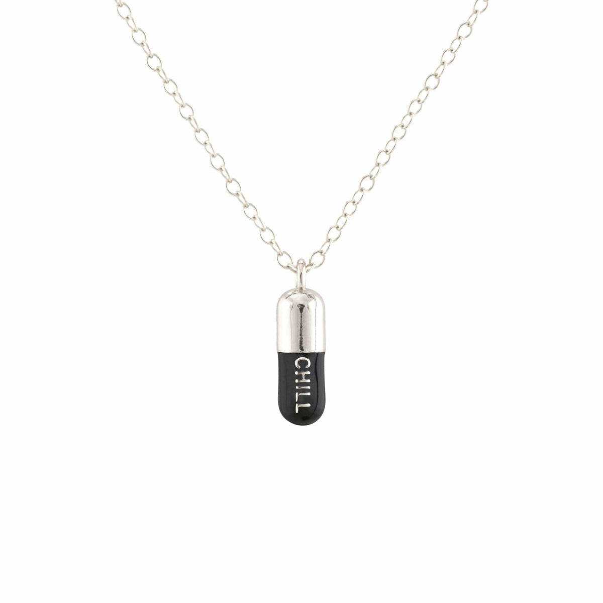 Black Chill Pill pendant in sterling silver on a silver chain