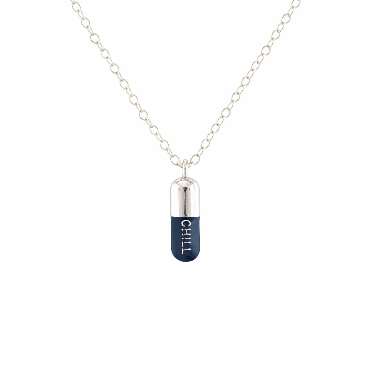 Navy Chill Pill pendant in sterling silver on a silver chain