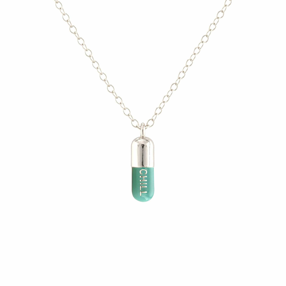 Turquoise Chill Pill pendant in sterling silver on a silver chain