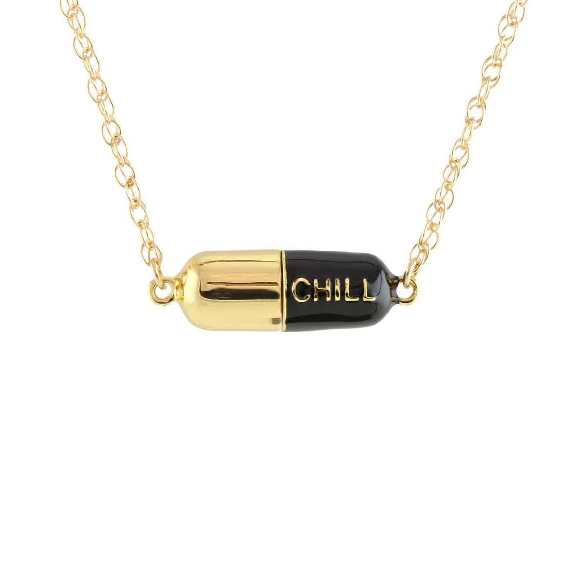 Black Big Chill Pill pendant on a gold chain