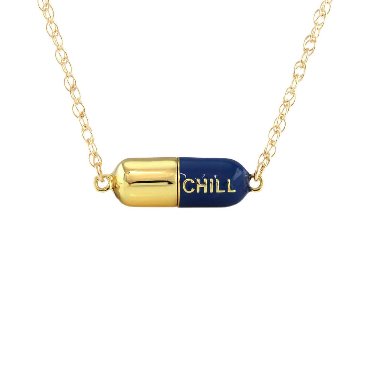 Navy Big Chill Pill pendant on a gold chain