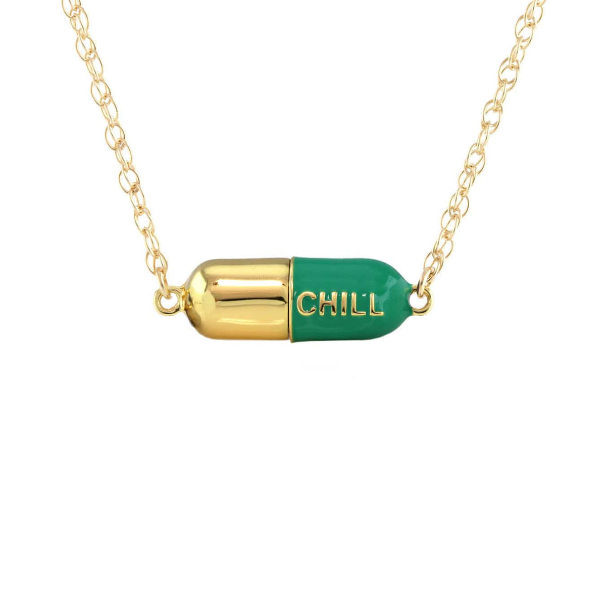 Emerald green Big Chill Pill pendant on a gold chain