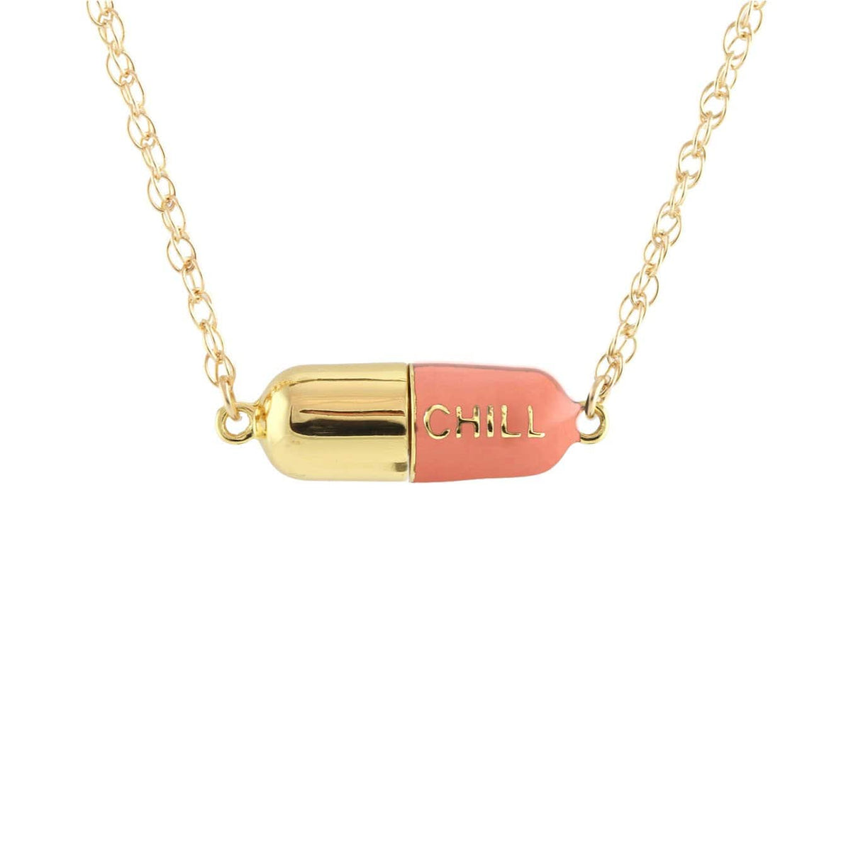 Pink Big Chill Pill pendant on a gold chain