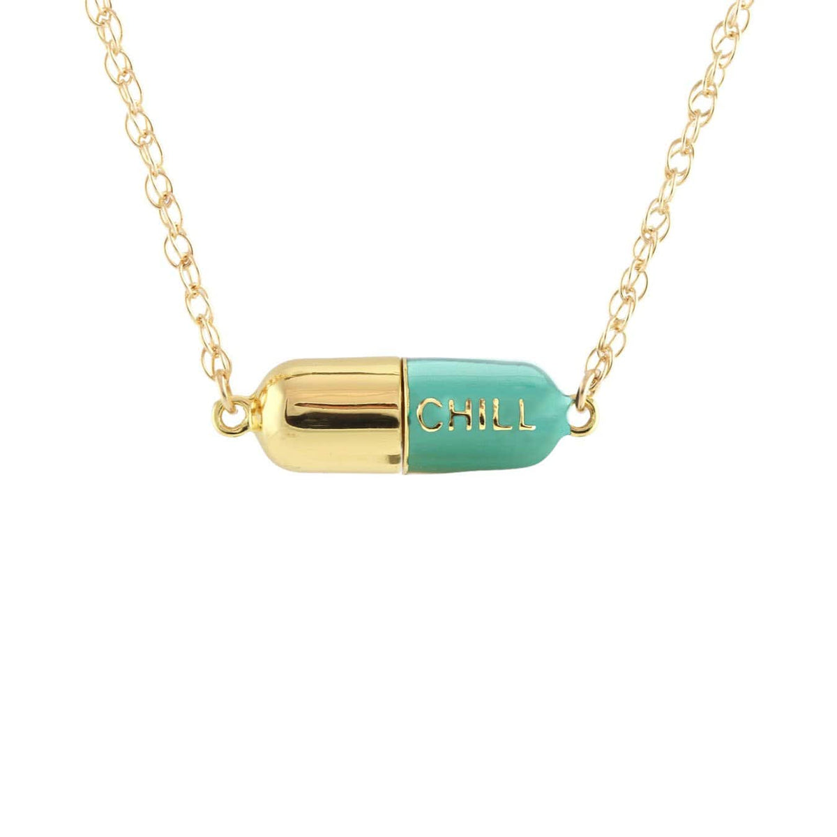 Turquoise Big Chill Pill pendant on a gold chain