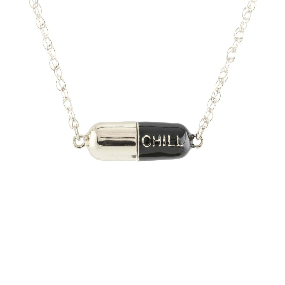 Black Big Chill Pill pendant in sterling silver on a silver chain