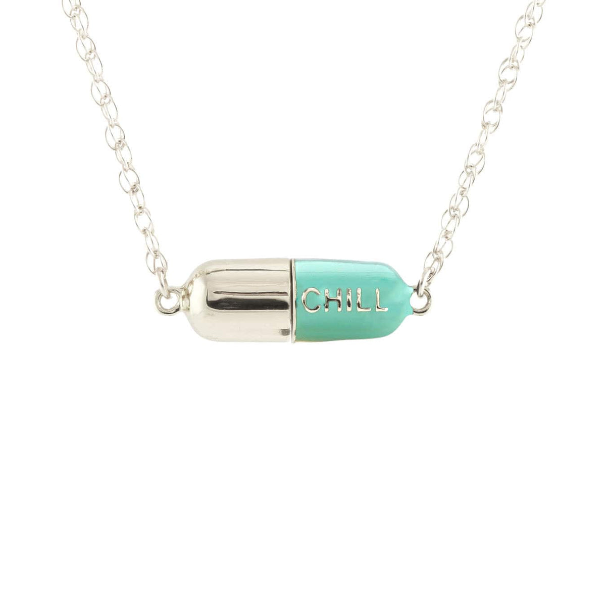 Turquoise Big Chill Pill pendant in sterling silver on a silver chain