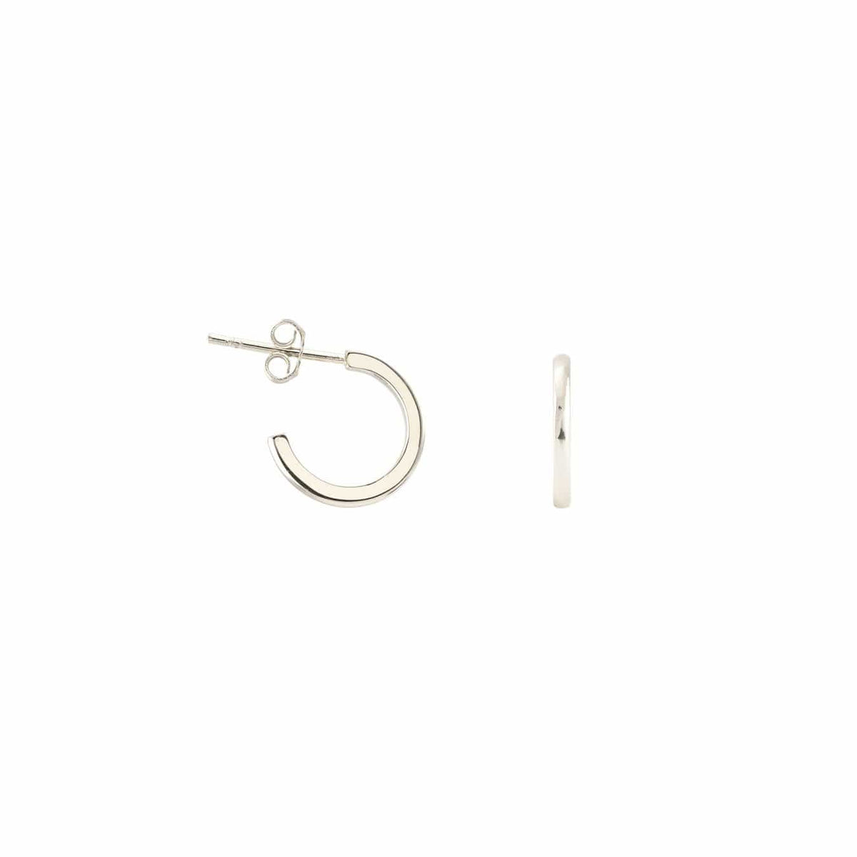 Classic Huggie Hoop Earrings in sterling silver, front and side view