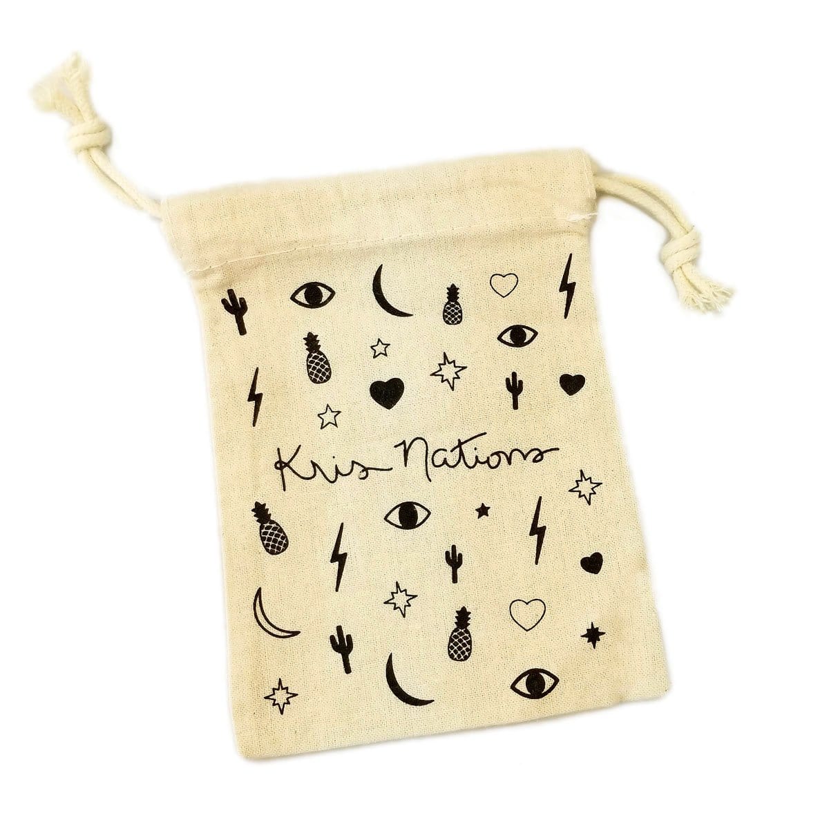 Kris Nations canvas drawstring pouch printed with stars, hearts and lightning bolts